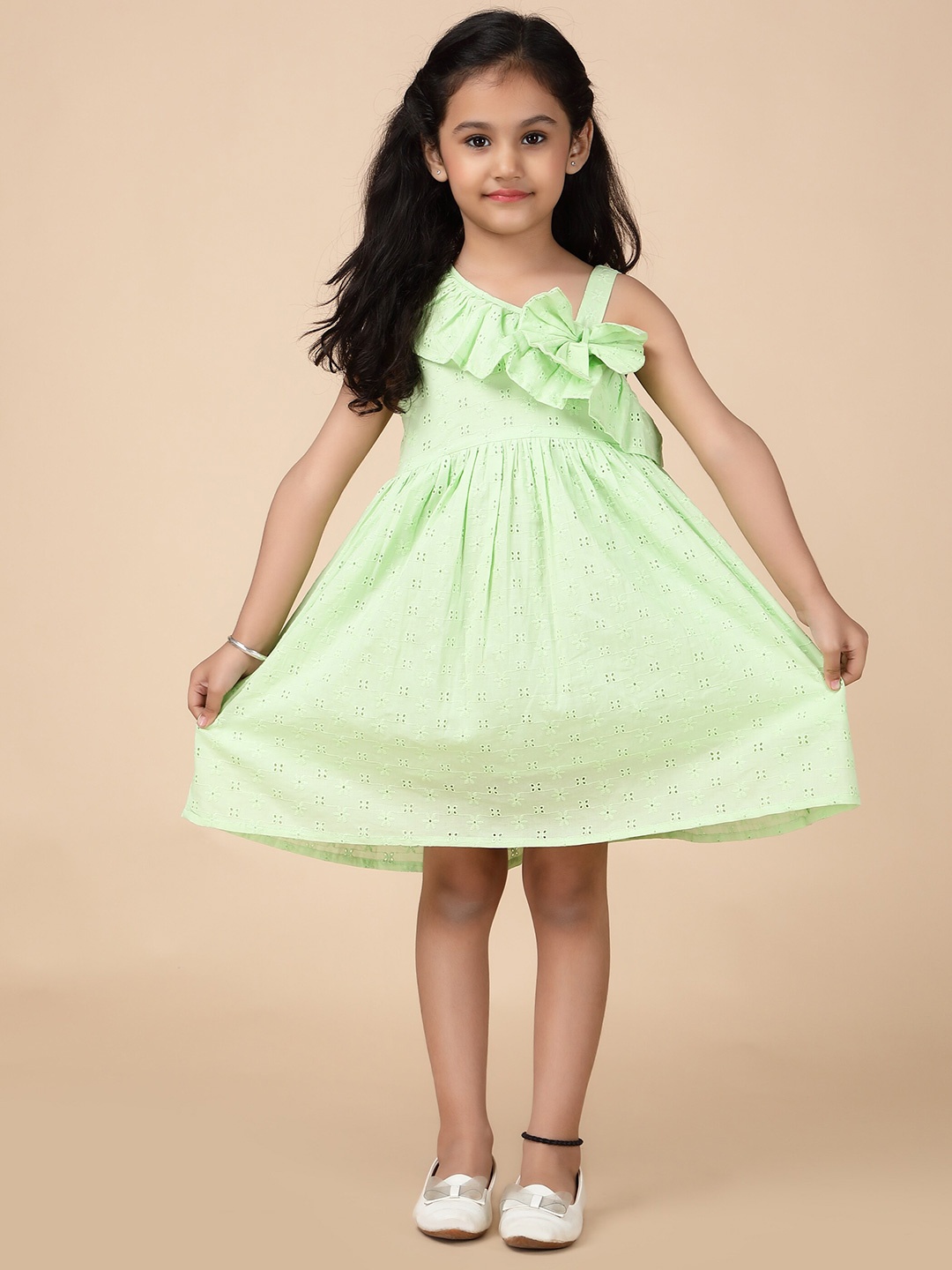 

HERE&NOW Girls Green Self Design One Shoulder Cotton A-Line Dress