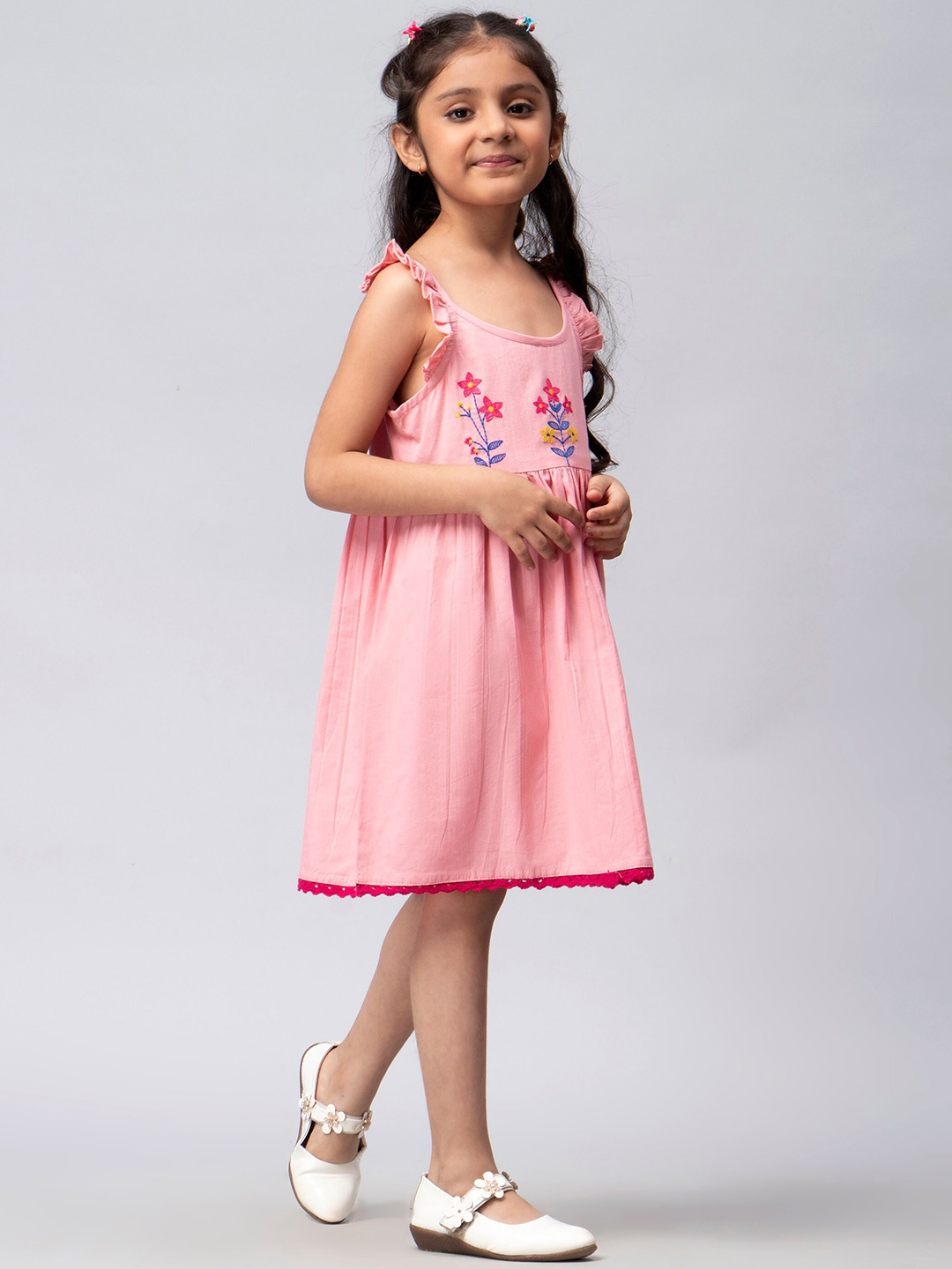 

HERE&NOW Girls Pink & Blue Floral Embroidered Cotton A-Line Dress