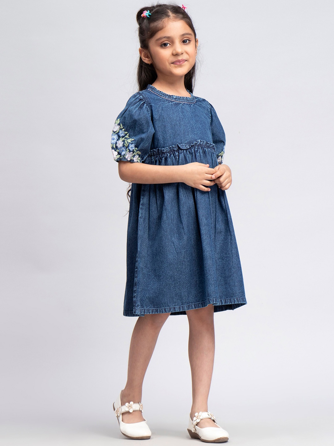 

HERE&NOW Girls Navy Blue Floral Embroidered Cotton A-Line Dress