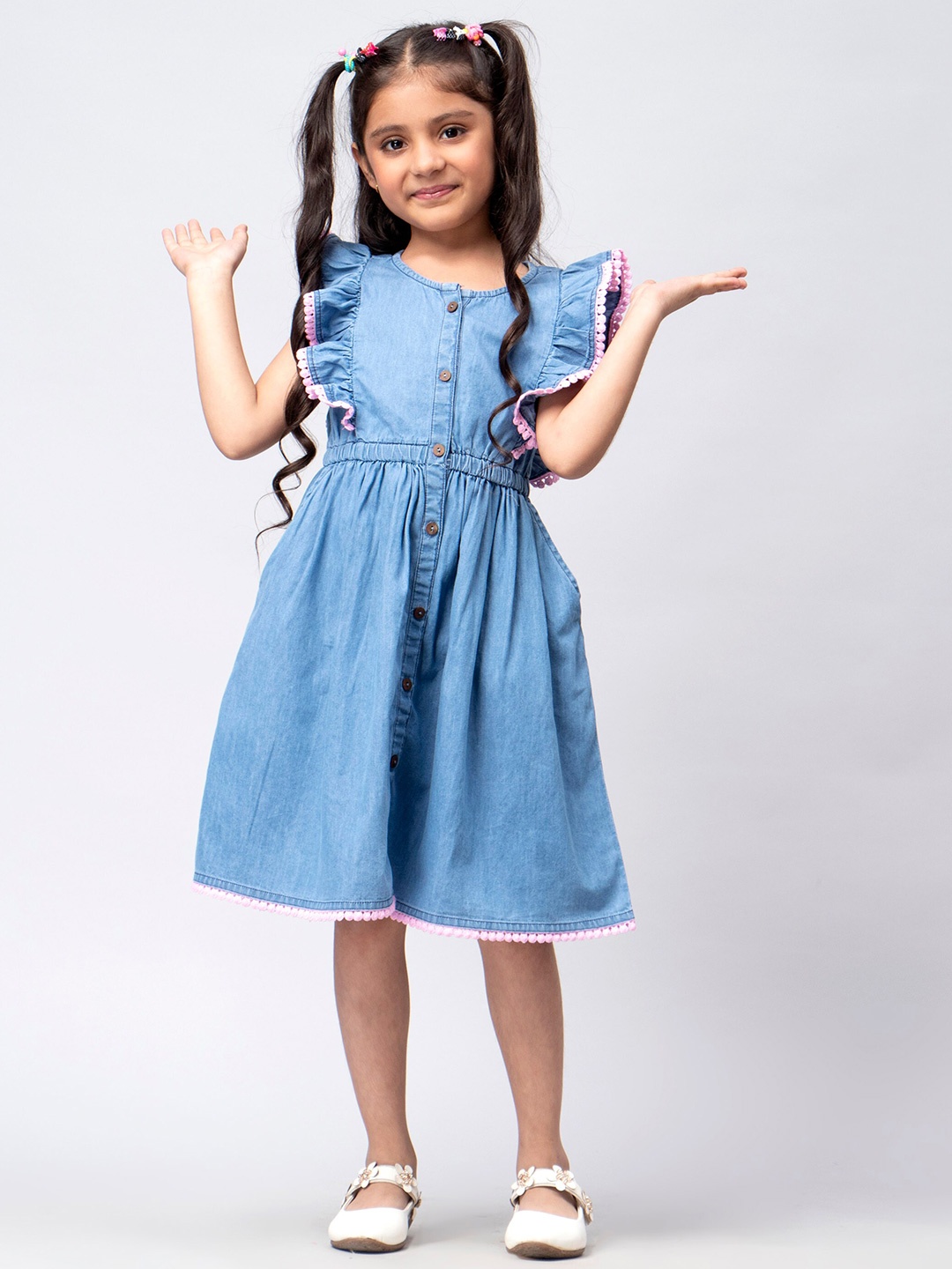 

HERE&NOW Girls Blue Flutter Sleeve Cotton A-Line Dress