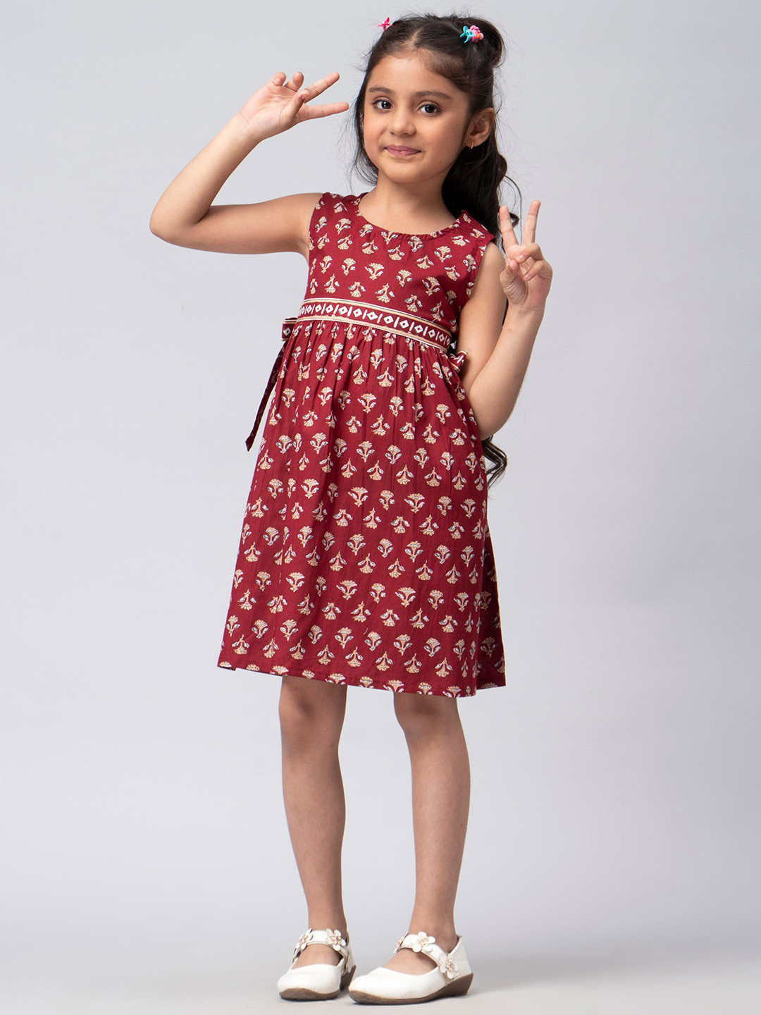 

HERE&NOW Girls Maroon & Beige Floral Printed Cotton A-Line Dress