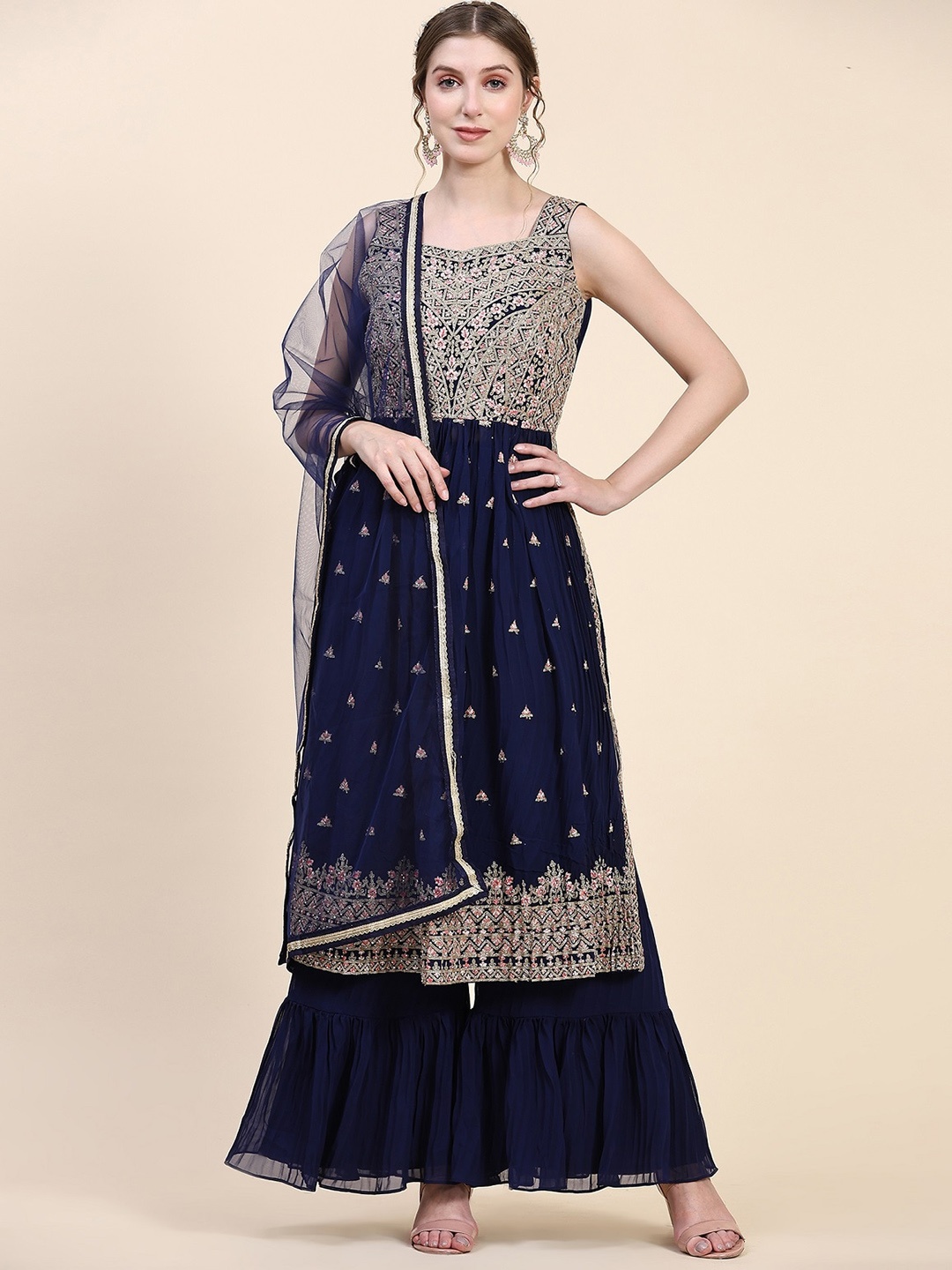 

KALINI Ethnic Motifs Embroidered Pleated Thread Work Kurta With Sharara & Dupatta, Navy blue