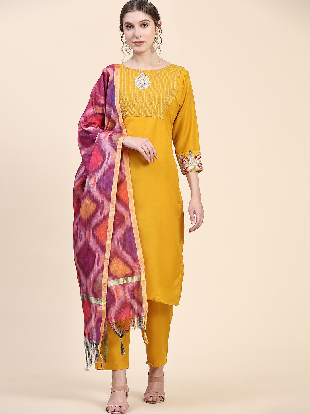 

KALINI Embroidered Pure Silk Kurta & Trousers With Dupatta, Yellow