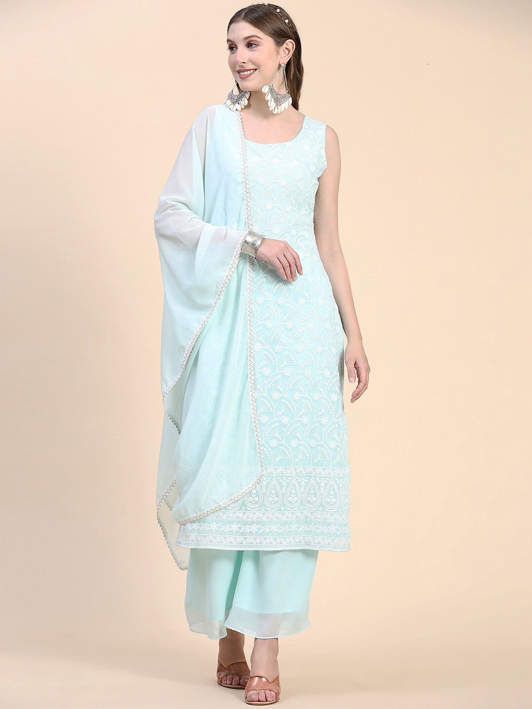 

KALINI Floral Embroidered Regular Chikankari Kurta With Palazzos & Dupatta, Blue