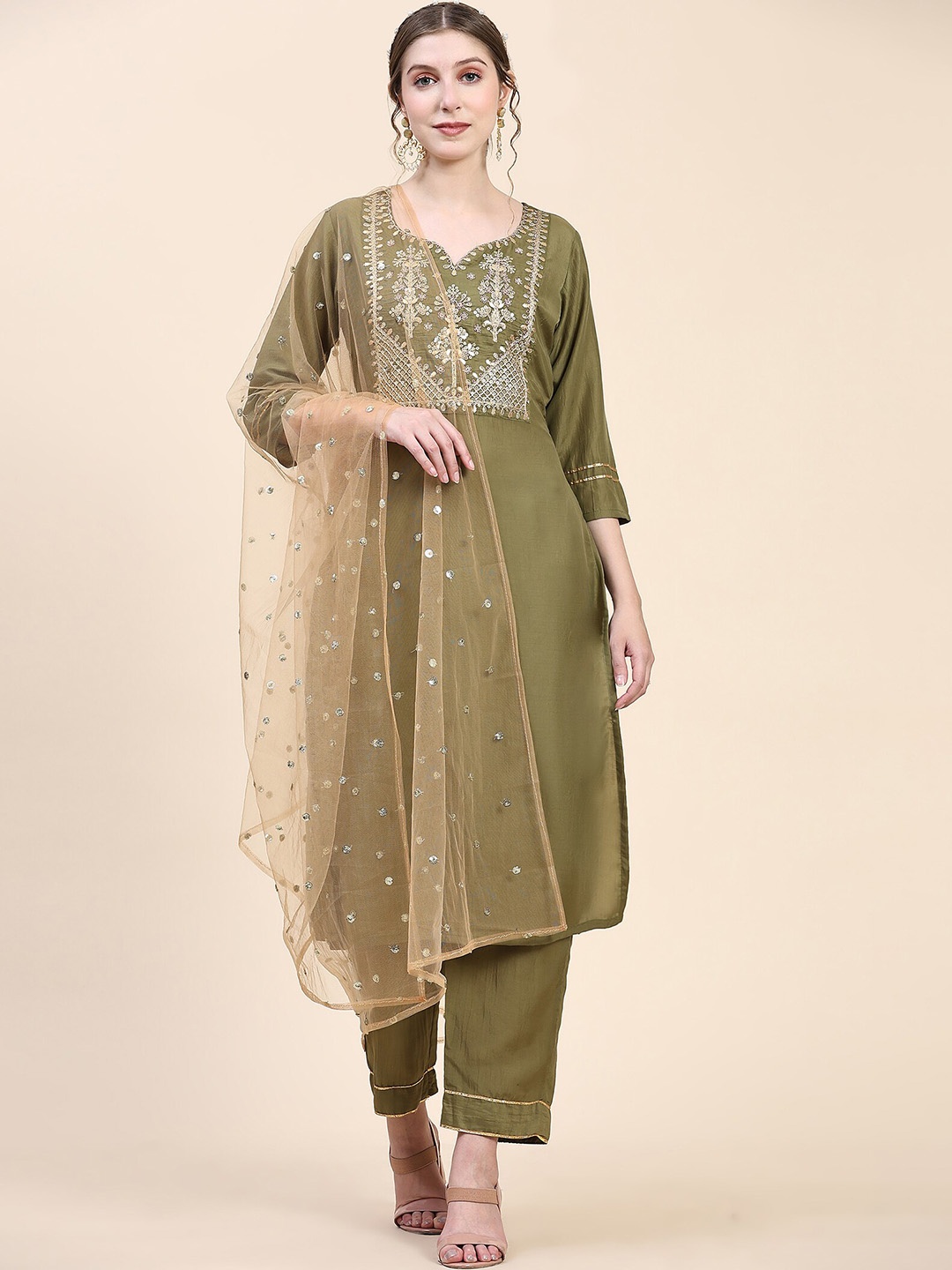 

KALINI Floral Embroidered Sequind Kurta & Trousers With Dupatta, Olive