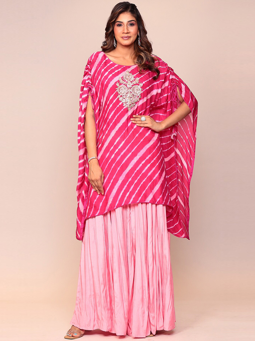 

ZARI Floral Embroidered Leheriya Kaftan Kurta With Palazzos, Pink