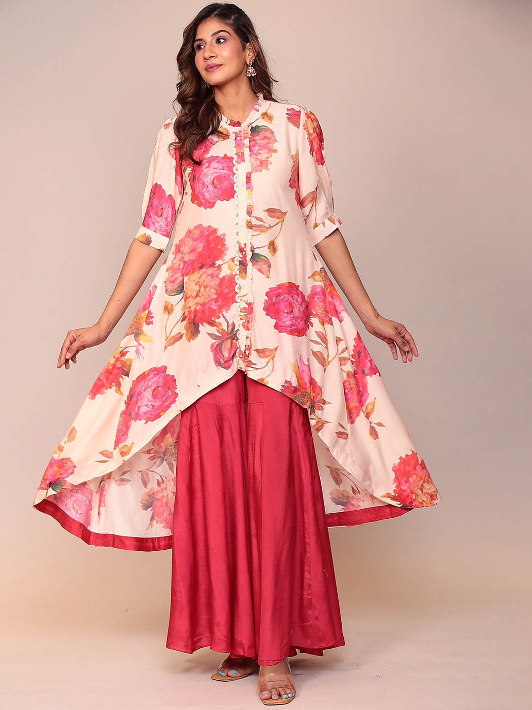

ZARI Floral Printed High-Low Hem A-Line Kurta With Sharara, Cream