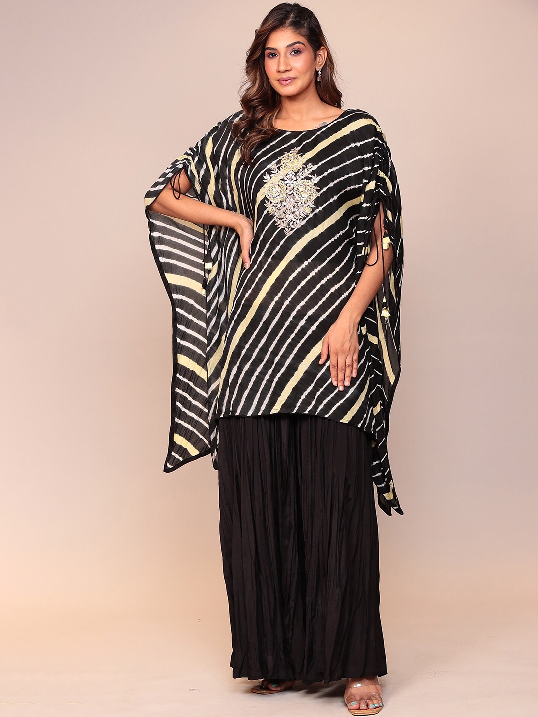 

ZARI Floral Embroidered Leheriya Kaftan Kurta With Palazzos, Black