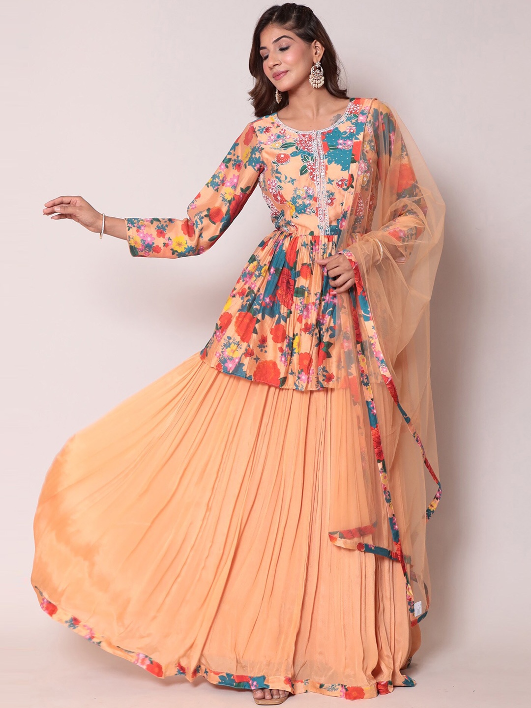 

ZARI Floral Printed Thread & Mirror Work Kurta With Skirt & Dupatta, Peach