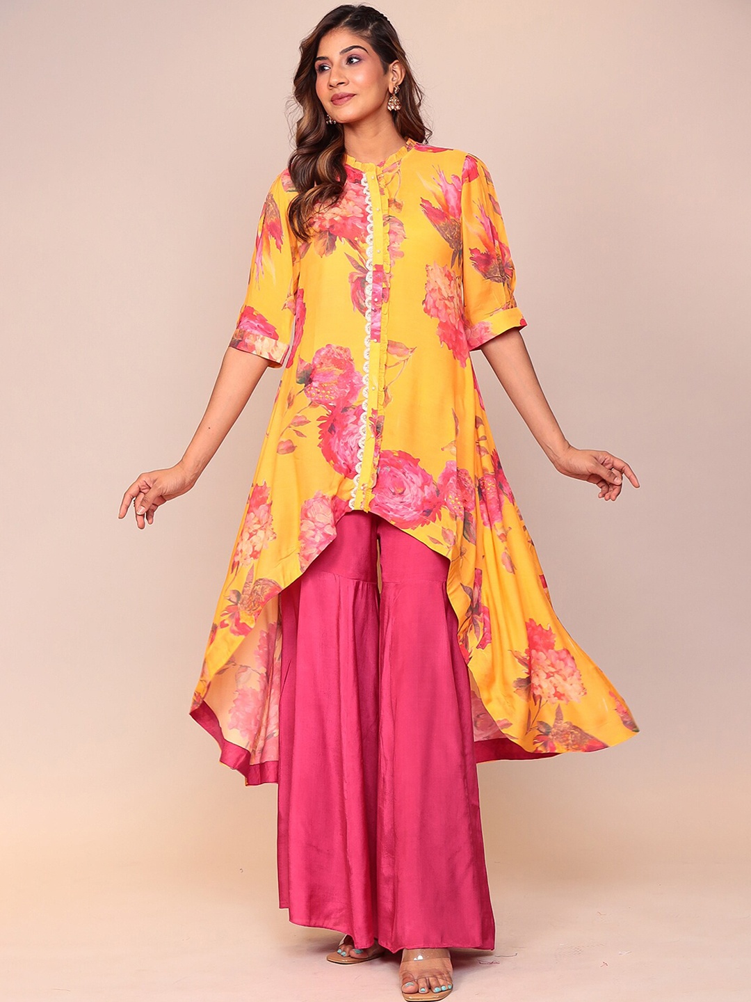 

ZARI Floral Printed High-Low Kurta With Sharara, Yellow