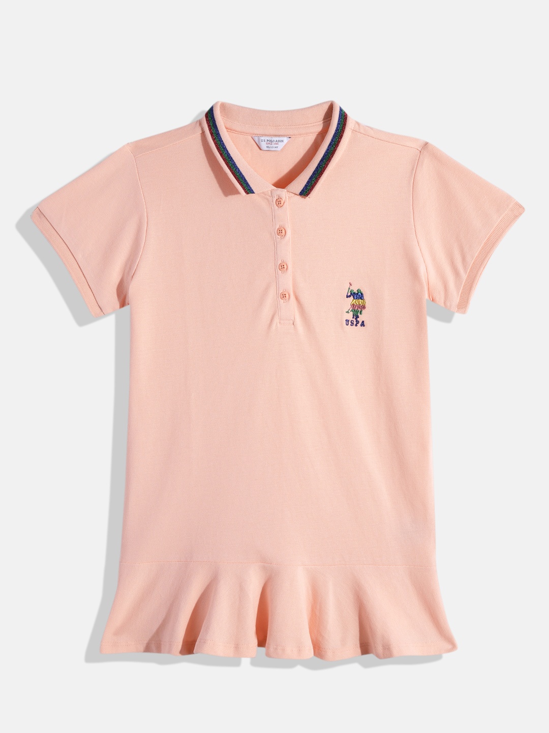 

U.S. Polo Assn. Kids Girls Solid Shirt Collar Pure Cotton Shirt Style Top With Flounce Hem, Peach