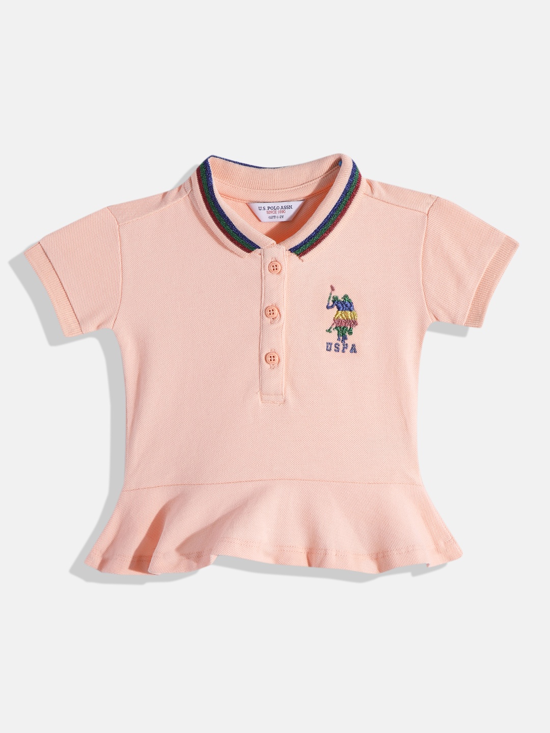 

U.S. Polo Assn. Kids Girls Solid Shirt Collar Pure Cotton Shirt Style Top With Flounce Hem, Peach