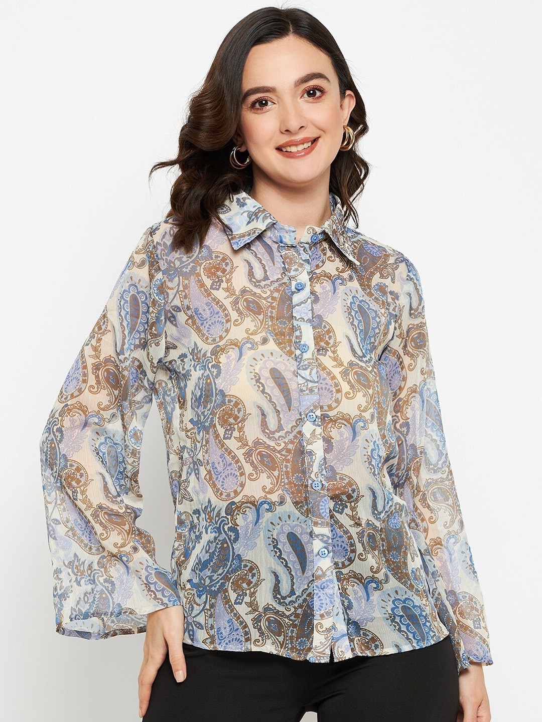 

Fashfun Ethnic Motifs Paisley Printed Shirt Collar Flared Sleeve Shirt Style Top, Beige