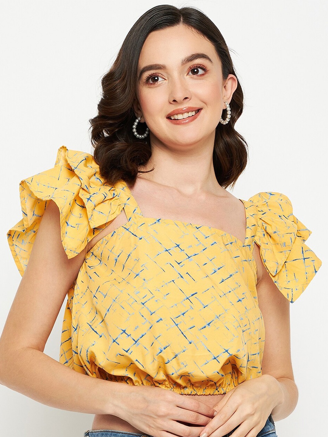 

Fashfun Abstract Printed Square Neck Flutter Sleeve Blouson Crop Top, Yellow