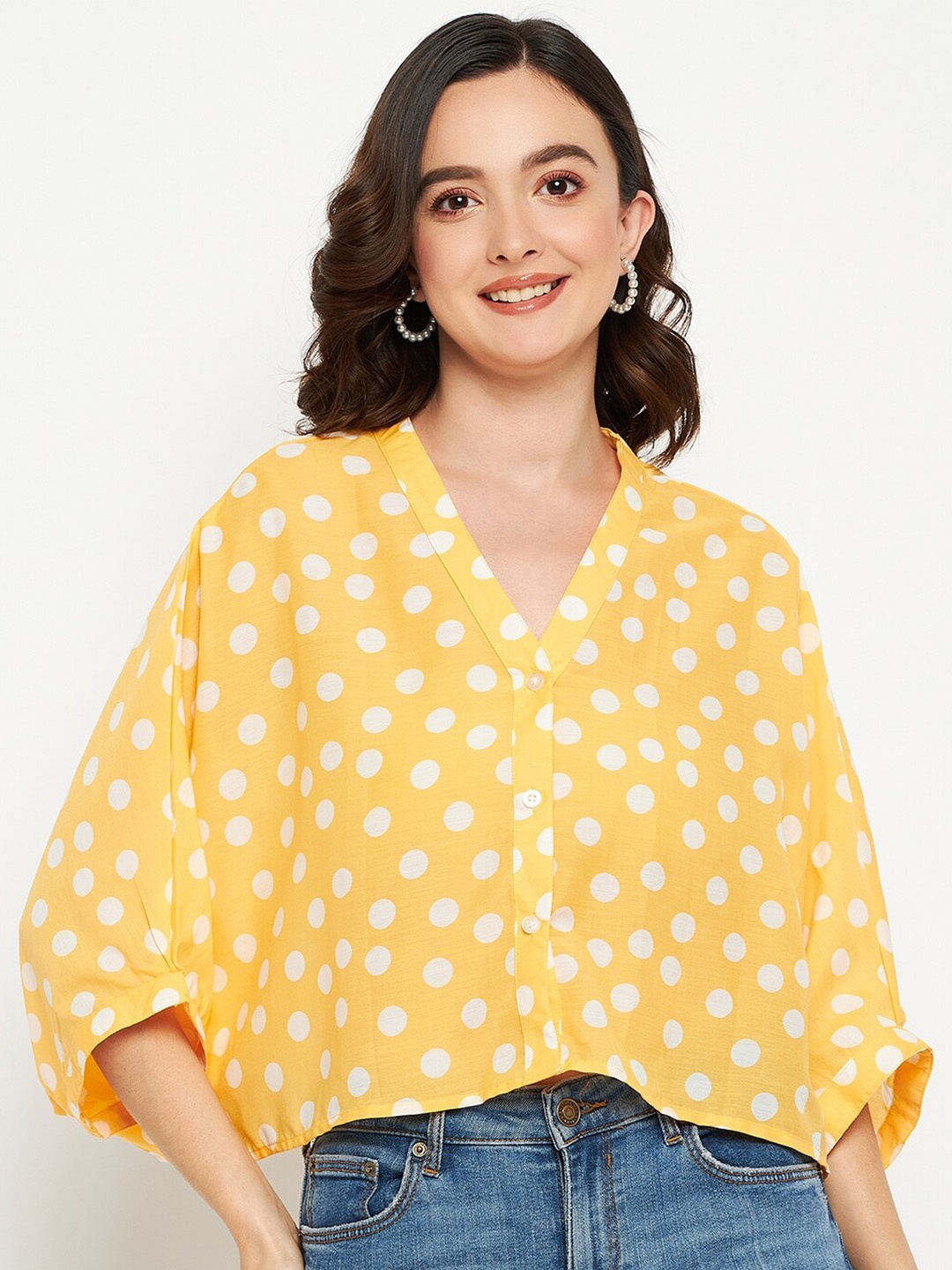 

Fashfun Polka Dots Printed V Neck Batwing Sleeve Boxy Crop Top, Yellow