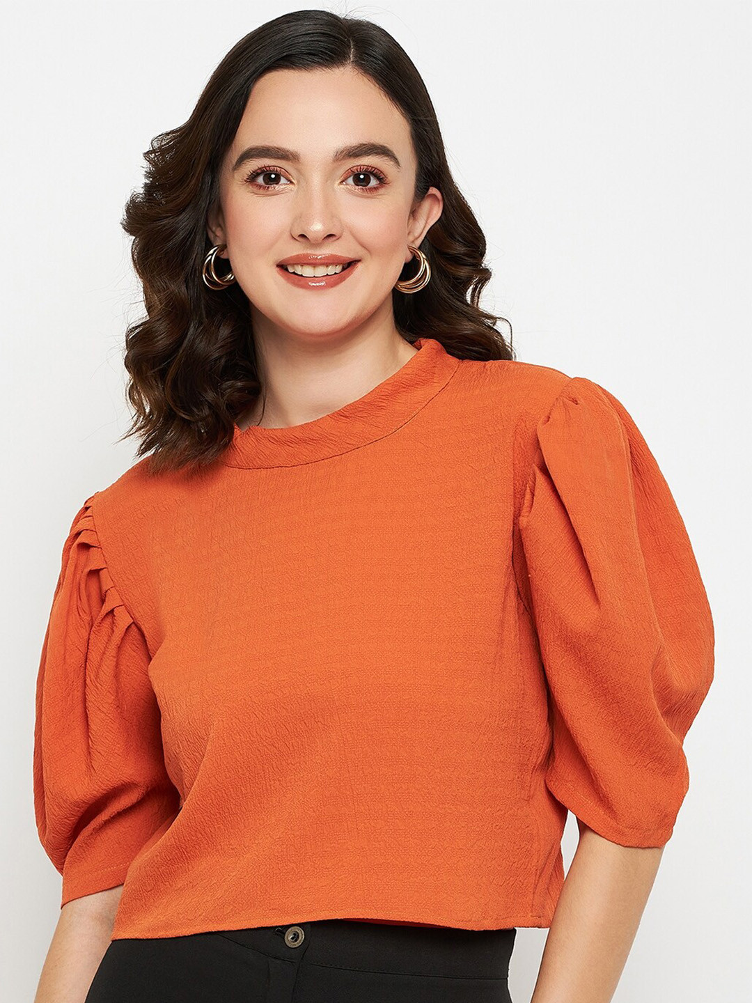 

Fashfun Self Design Puff Sleeve Regular Top, Orange