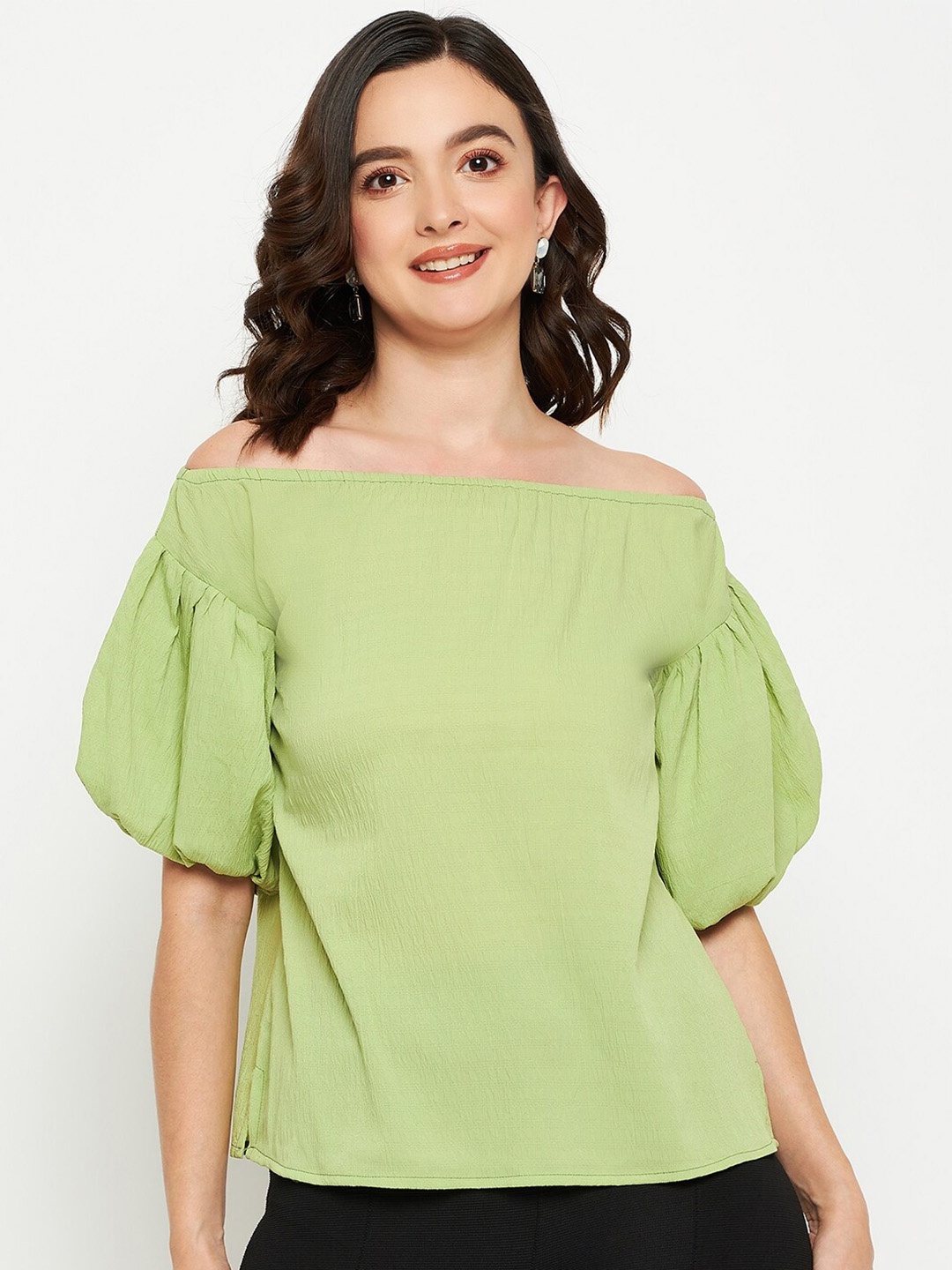 

Fashfun Off-Shoulder Puff Sleeve Regular Top, Green