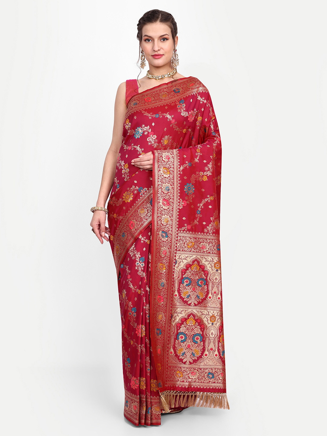 

Dhyey Fashion Floral Woven Design Zari Banarasi Saree, Maroon