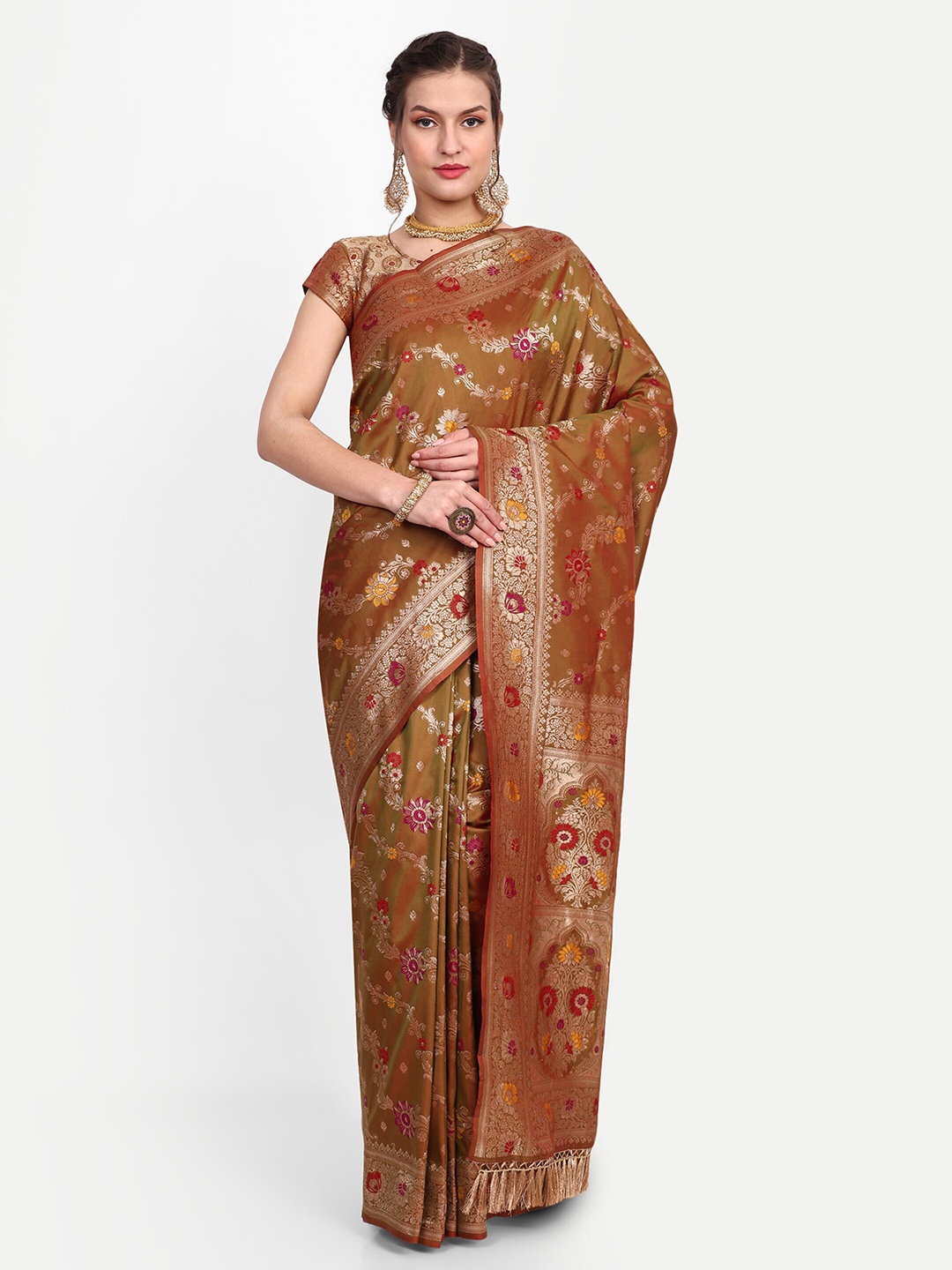 

Dhyey Fashion Floral Woven Design Zari Banarasi Saree, Green