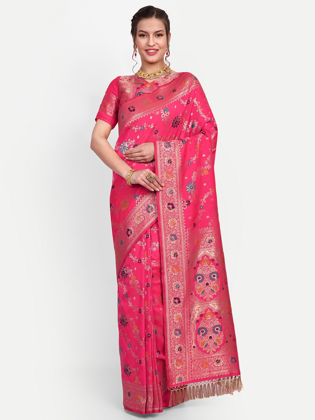 

Dhyey Fashion Floral Woven Design Zari Banarasi Saree, Pink