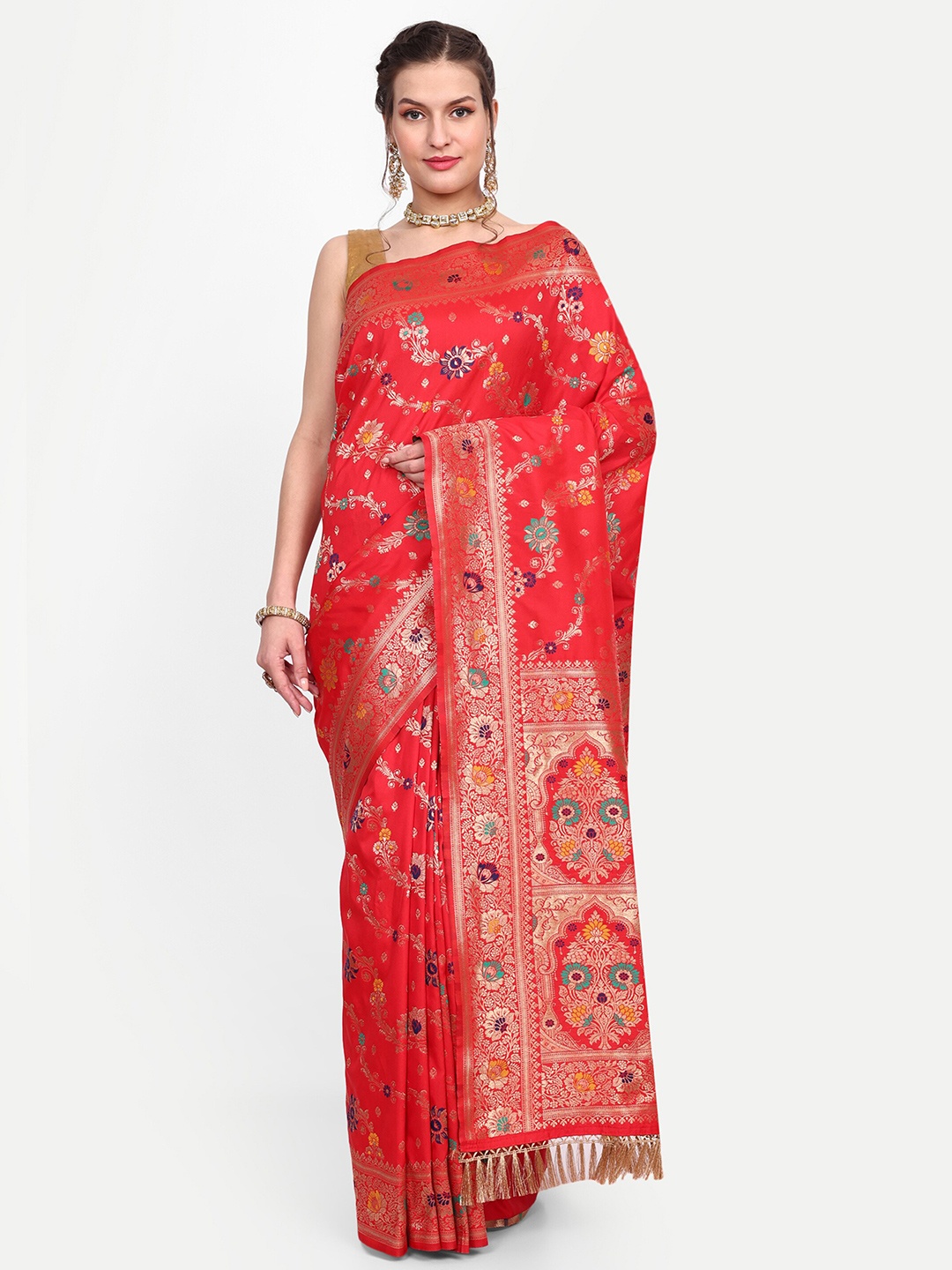 

Dhyey Fashion Floral Woven Design Zari Banarasi Saree, Red