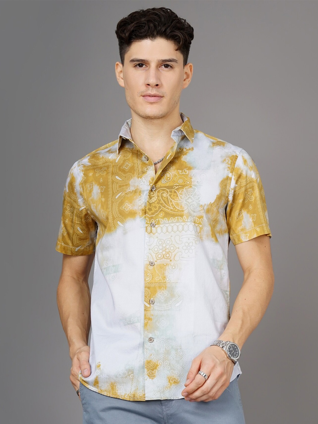 

British Club Abstract Printed Spread Collar Cotton Smart Shirt, Yellow