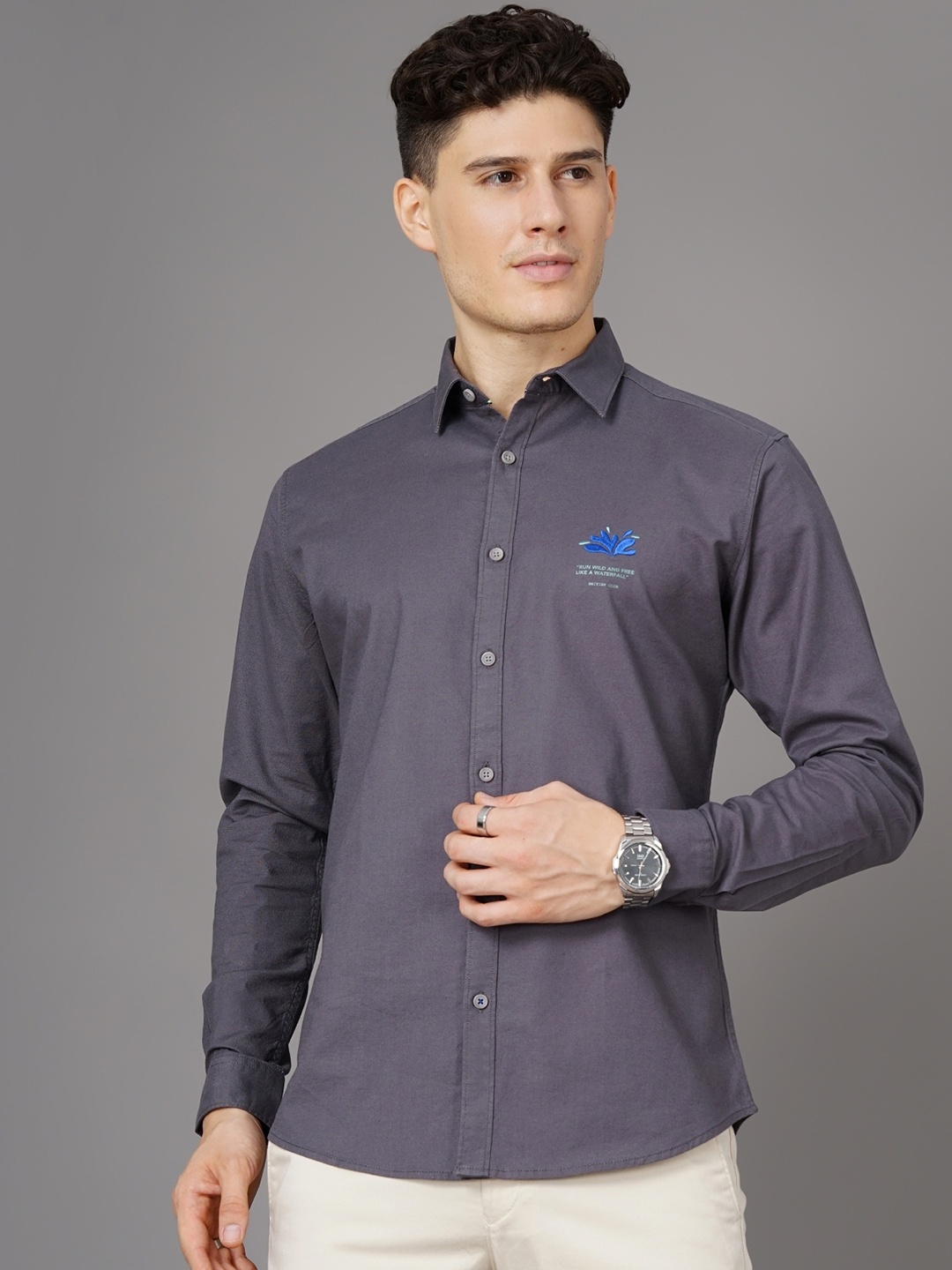 

British Club Smart Spread Collar Casual Cotton Slim Fit Shirt, Charcoal