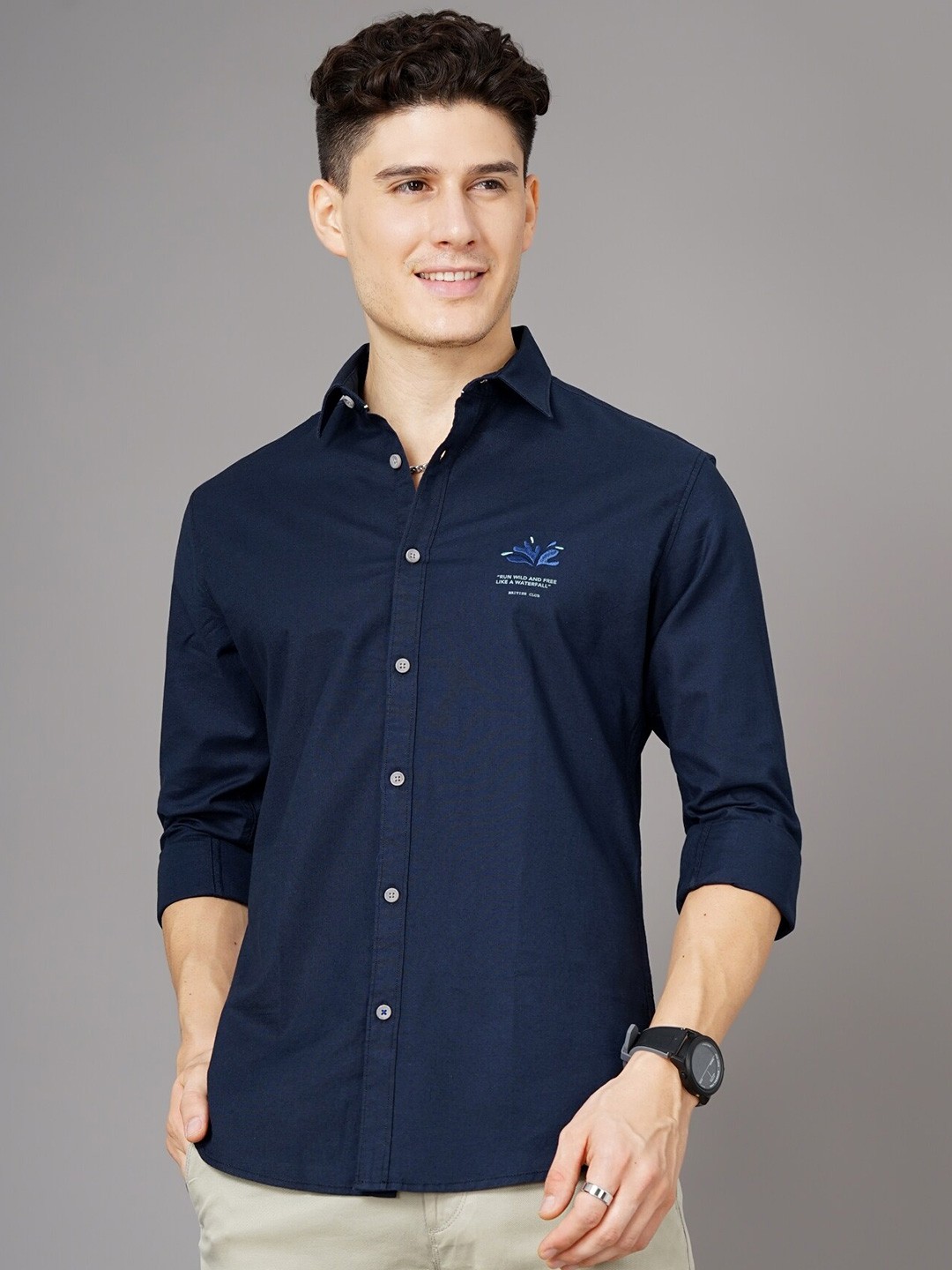 

British Club Smart Spread Collar Casual Cotton Slim Fit Shirt, Navy blue