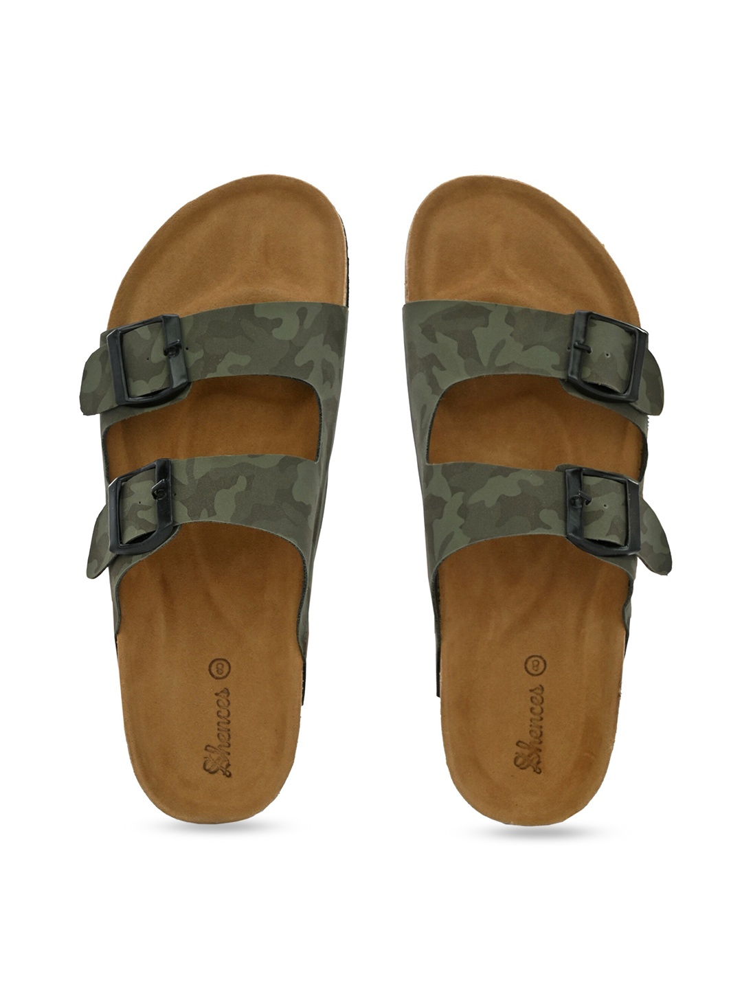 

SHENCES Men SHENCES CORK Printed Two Strap Comfort Sandals With Buckle Detail, Olive