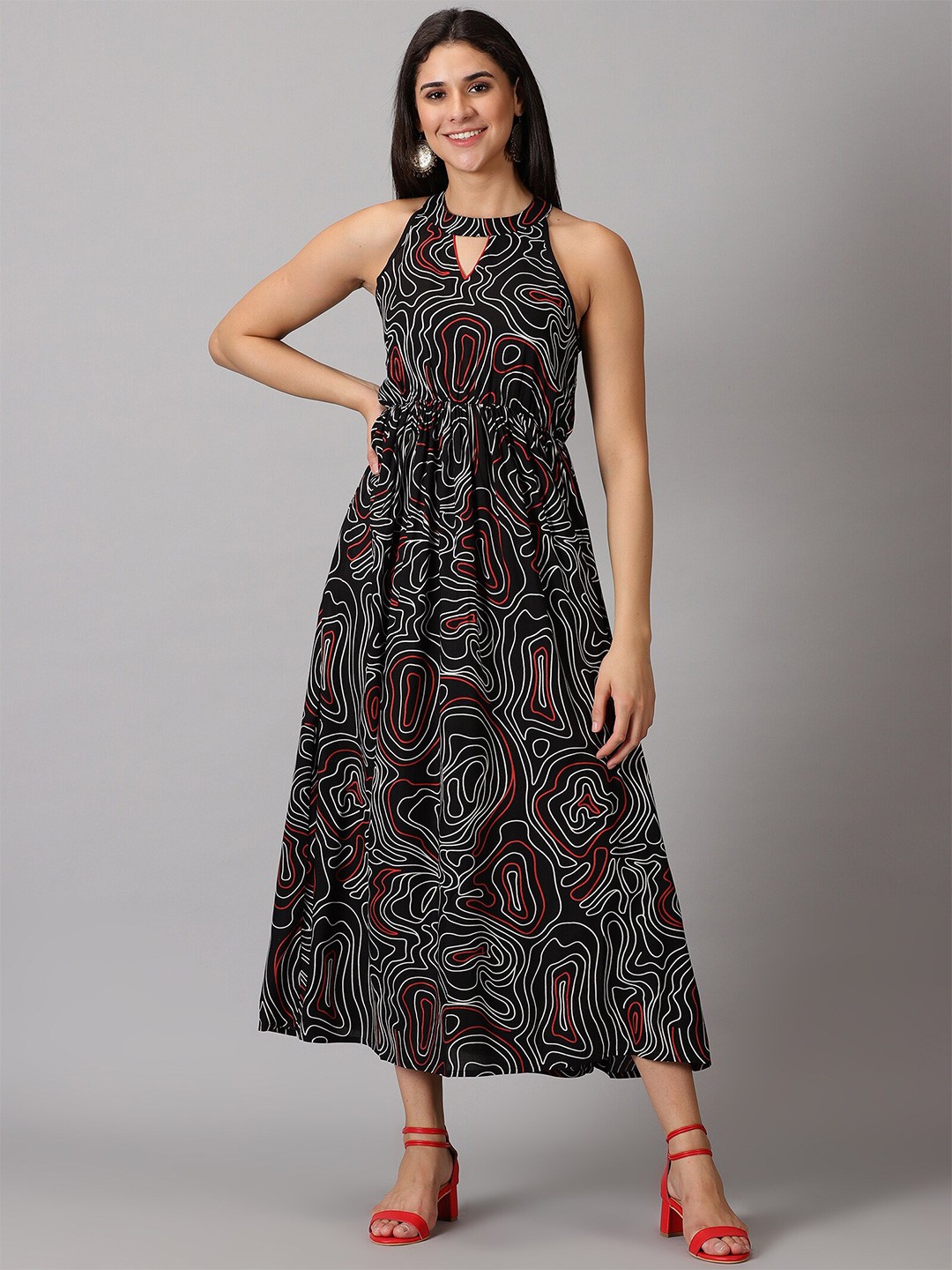 

DRESSAR Abstract Printed Halter Neck Maxi Dress, Black