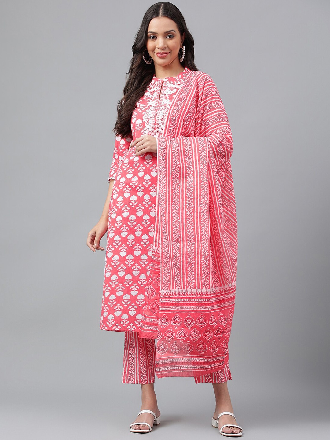 

misbis Floral Printed Thread Work Pure Cotton Kurta With Trousers & With Dupatta, Pink