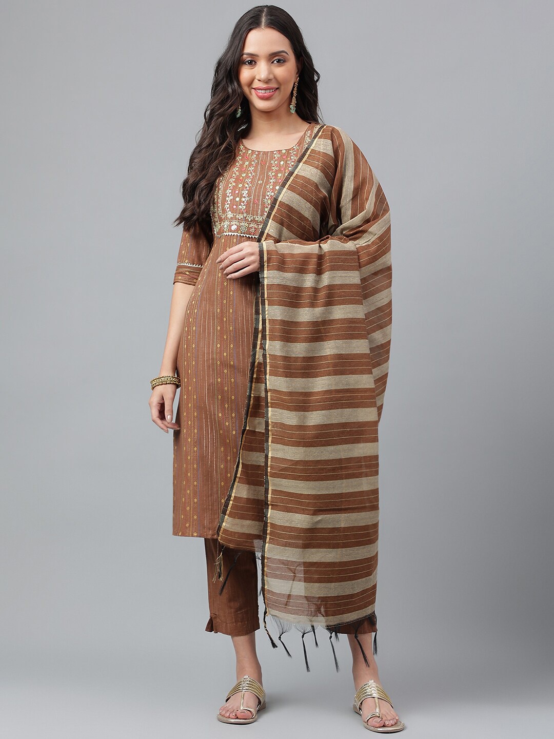 

misbis Ethnic Motifs Embroidered Pure Cotton Kurta With Trousers & With Dupatta, Brown