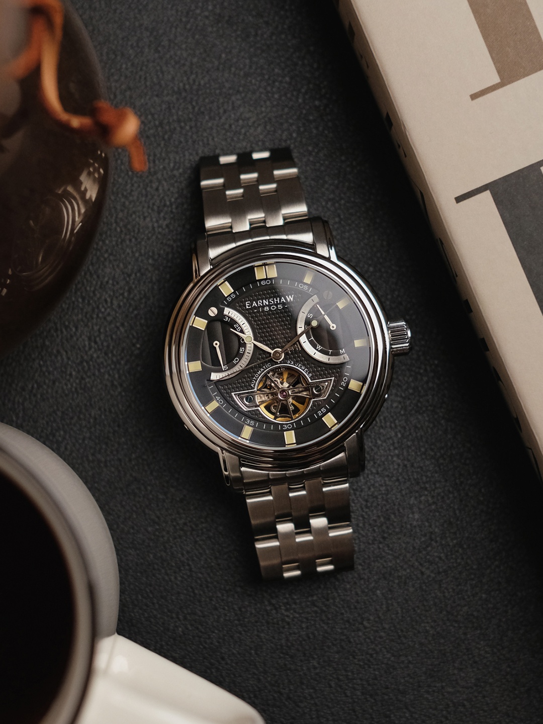 

EARNSHAW Men Brass Dial & Bracelet Style Straps Analogue Multi Function Watch ES-8184-11, Black