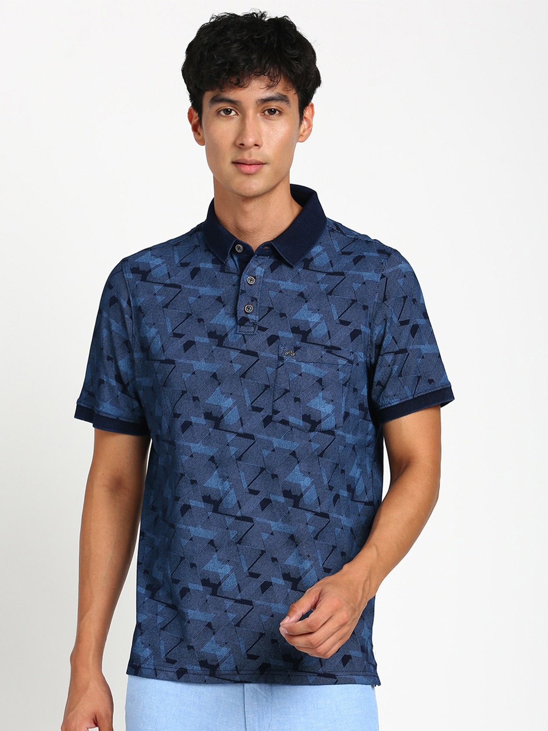 

Turtle Geometric Printed Polo Collar Pure Cotton Slim Fit T-shirt, Navy blue