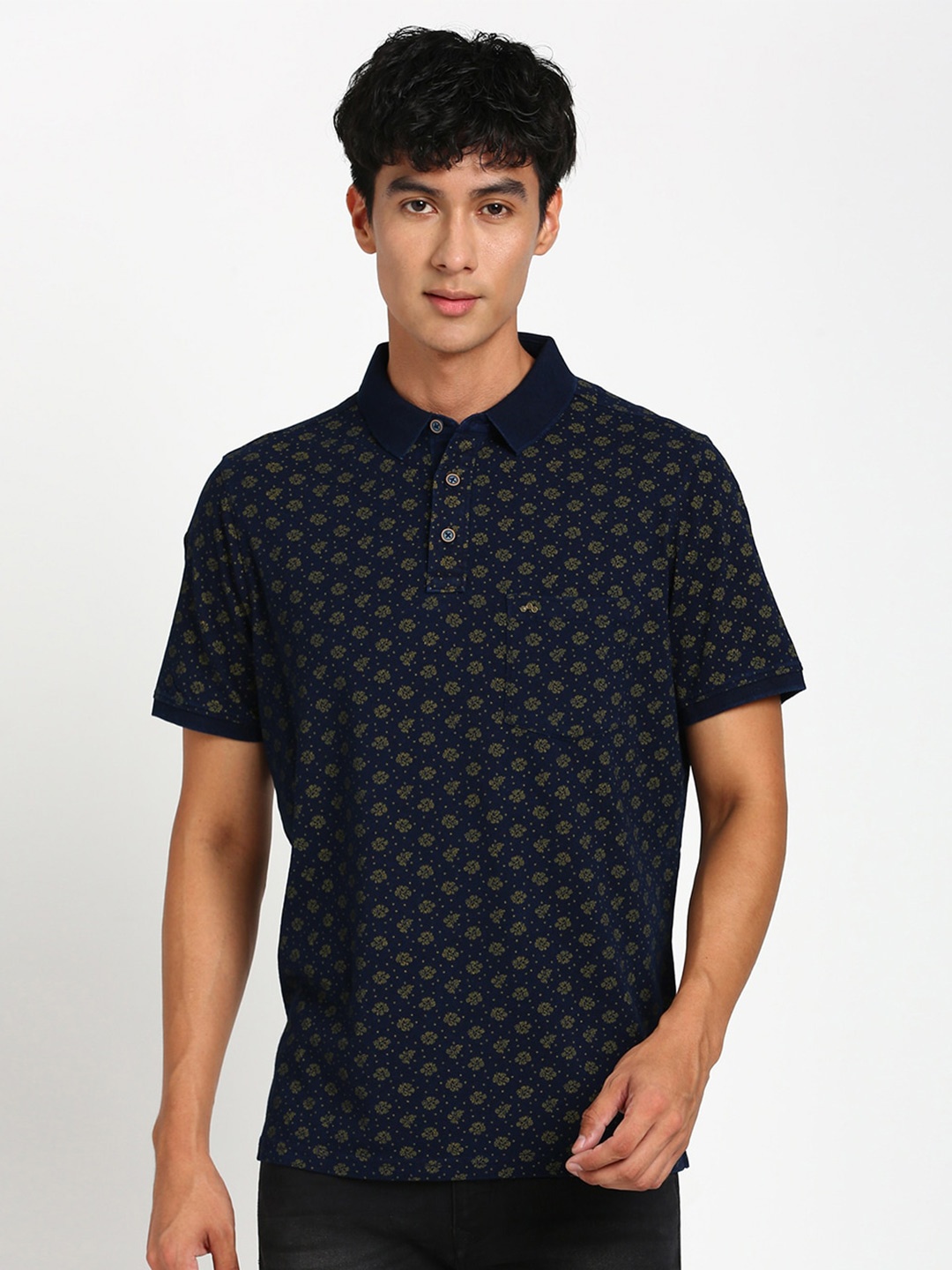 

Turtle Floral Printed Polo Collar Pure Cotton Slim Fit T-shirt, Navy blue