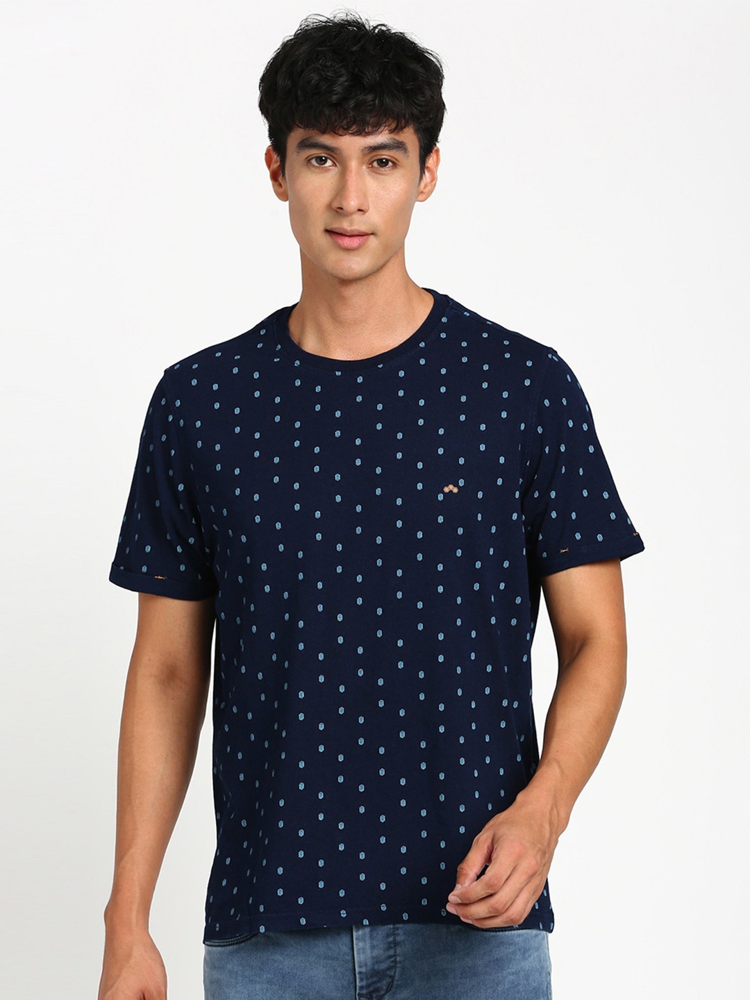 

Turtle Polka Dot Printed Pure Cotton Slim Fit T-shirt, Navy blue