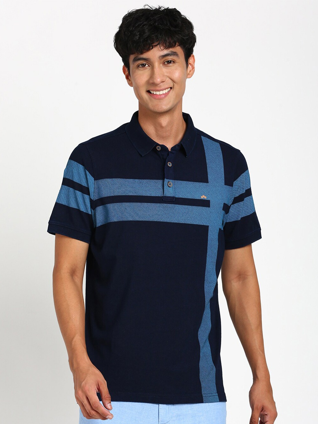 

Turtle Striped Polo Collar Pure Cotton Slim Fit T-shirt, Navy blue