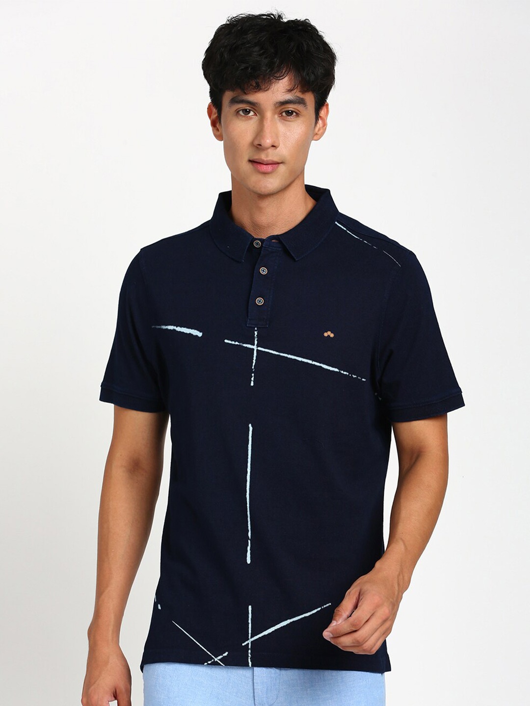 

Turtle Abstract Printed Polo Collar Pure Cotton Slim Fit T-shirt, Navy blue