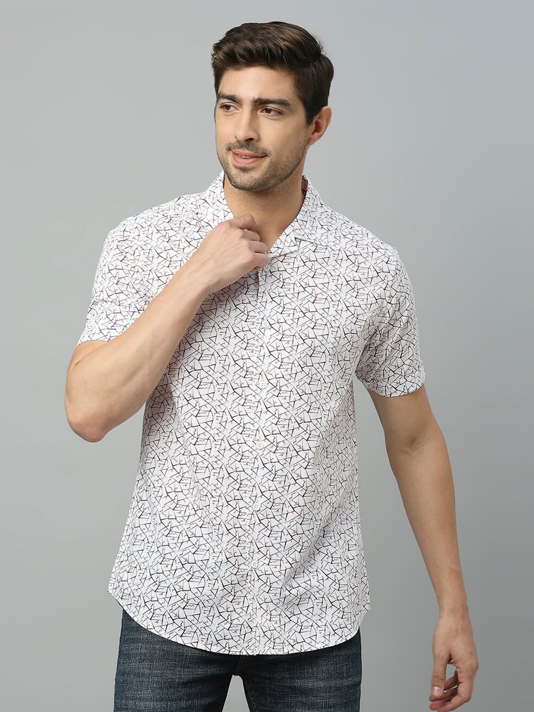 

HERE&NOW White & Brown Classic Slim Fit Printed Pure Cotton Casual Shirt