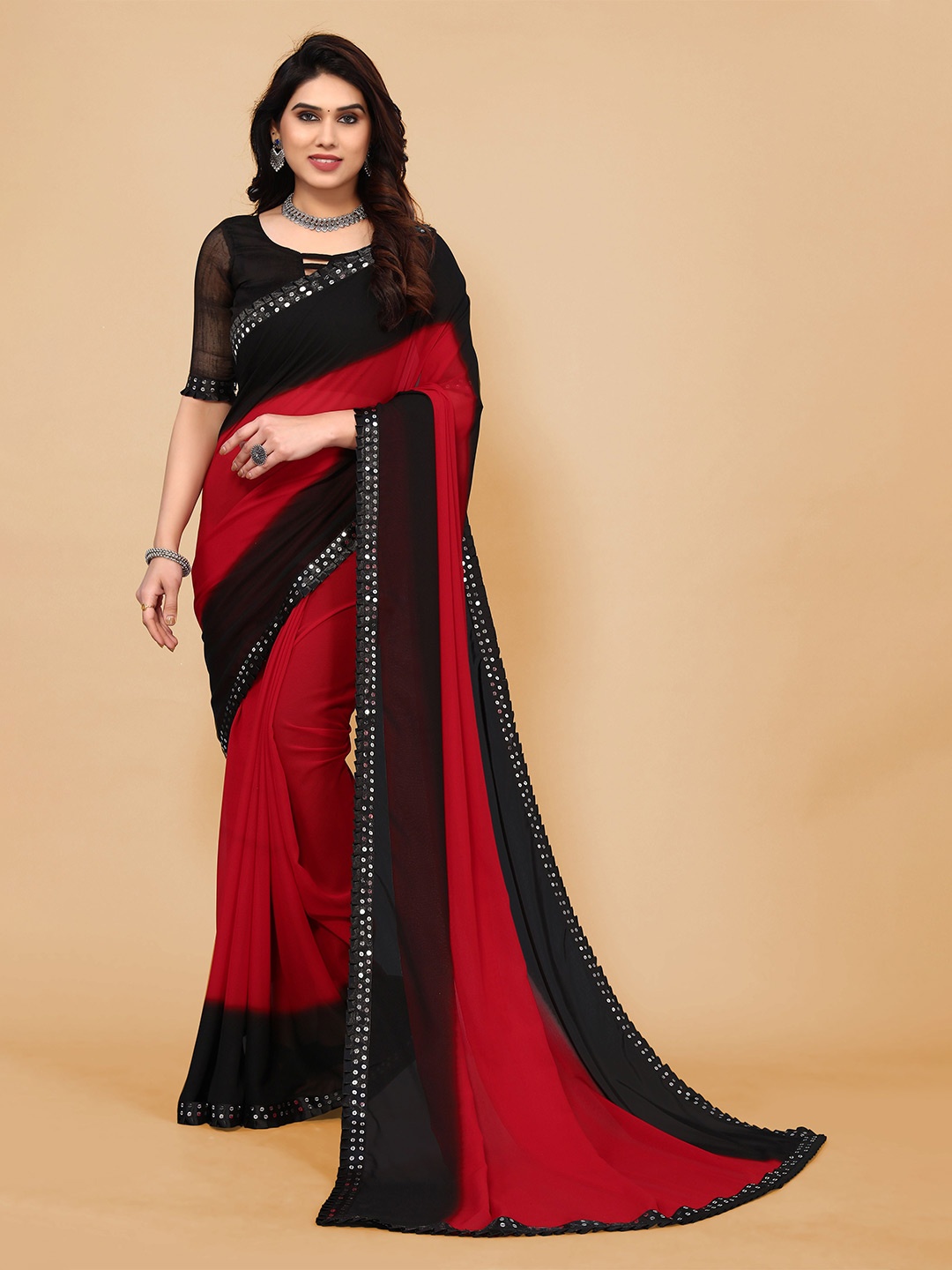 

KALINI Tie and Dyed Sequinned Pure Georgette Saree, Maroon
