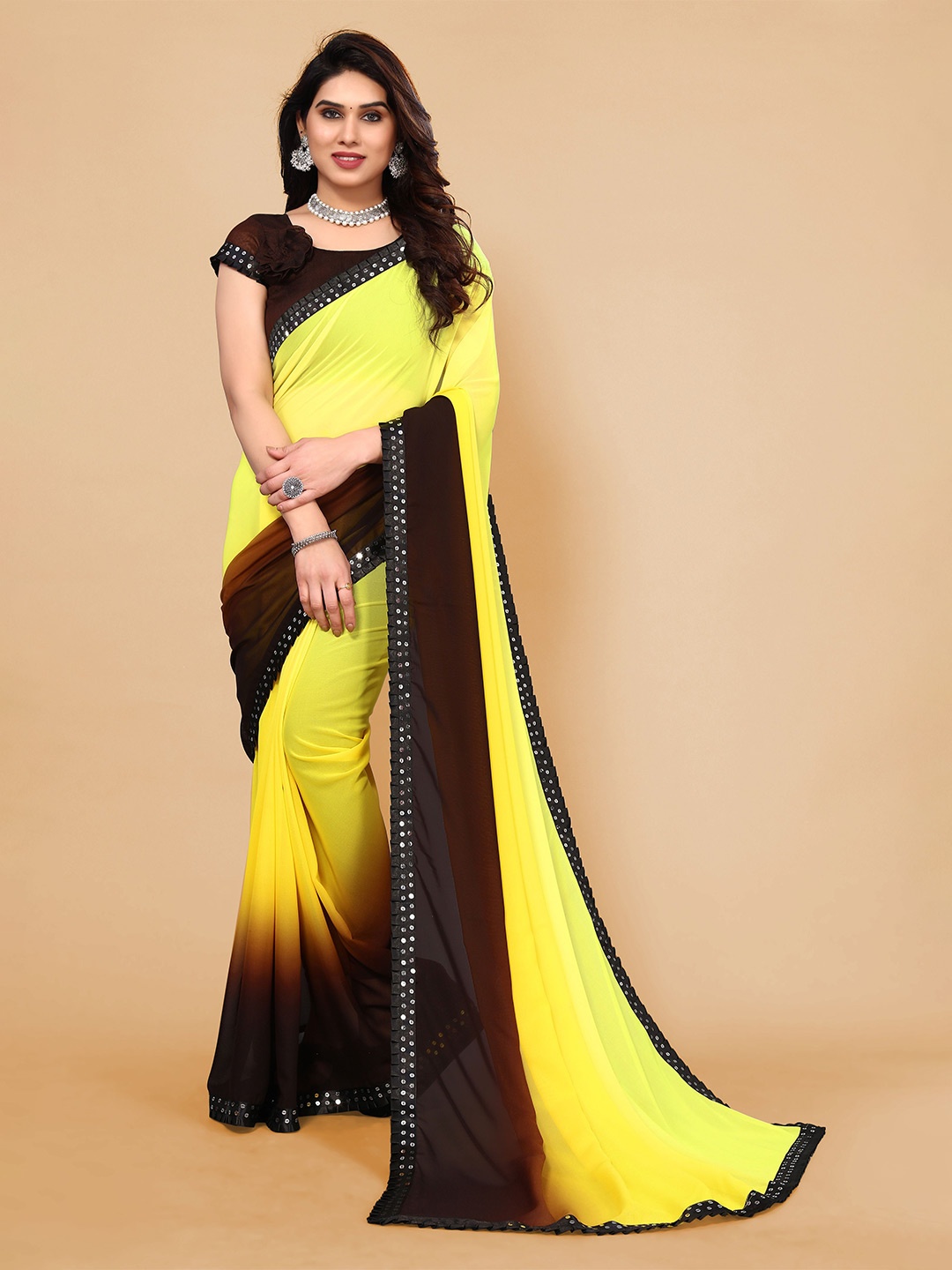 

ANAND SAREES Ombre Dyed Sequinned Pure Georgette Saree, Yellow