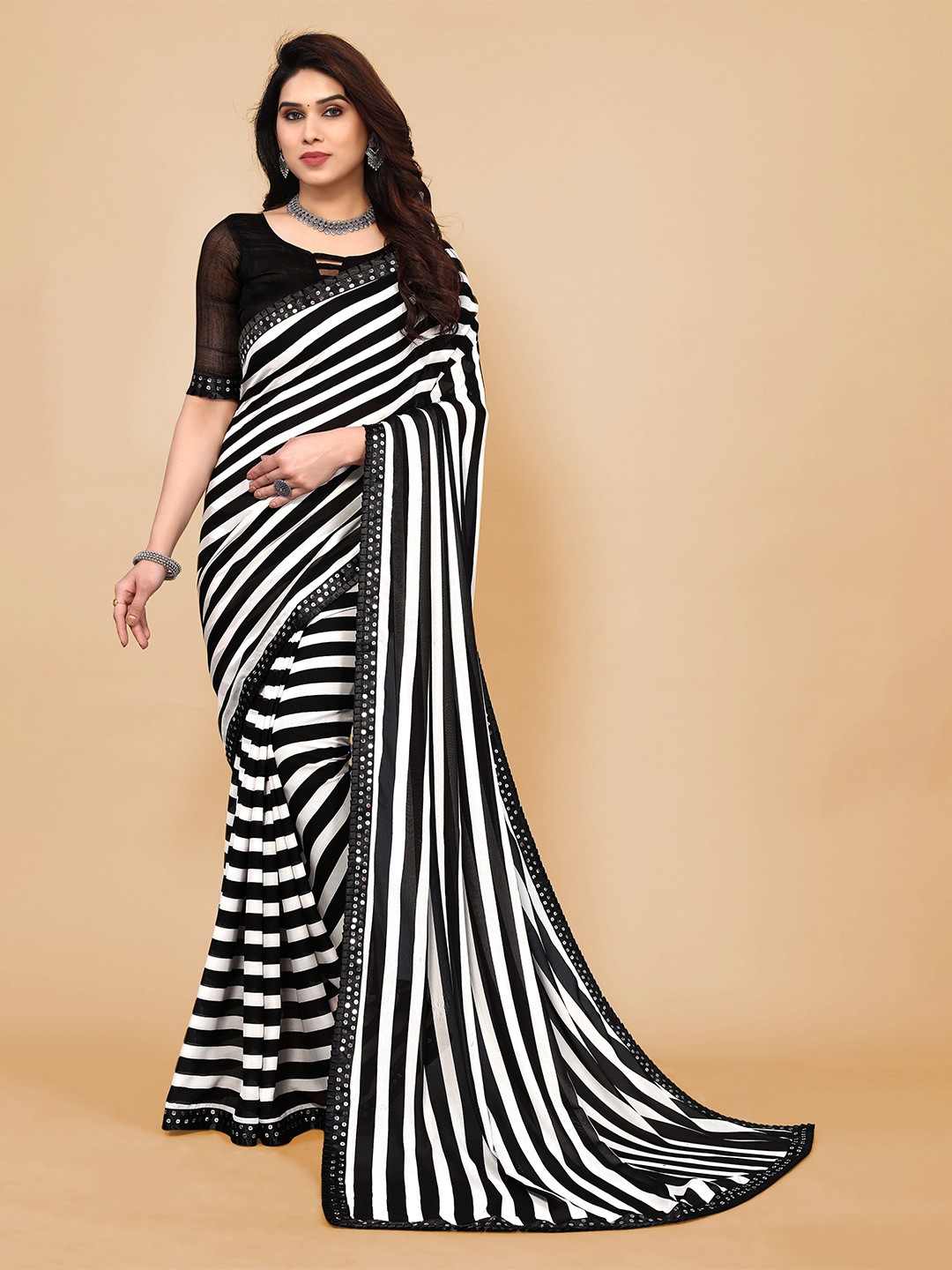

KALINI Striped Sequinned Pure Georgette Saree, Black