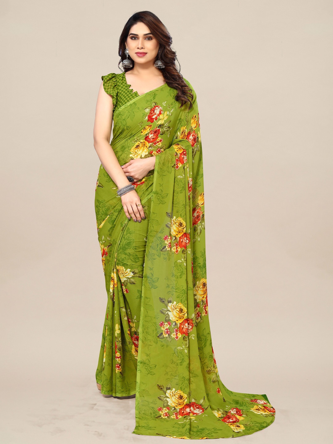 

ANAND SAREES Floral Printed Pure Georgette Saree, Green