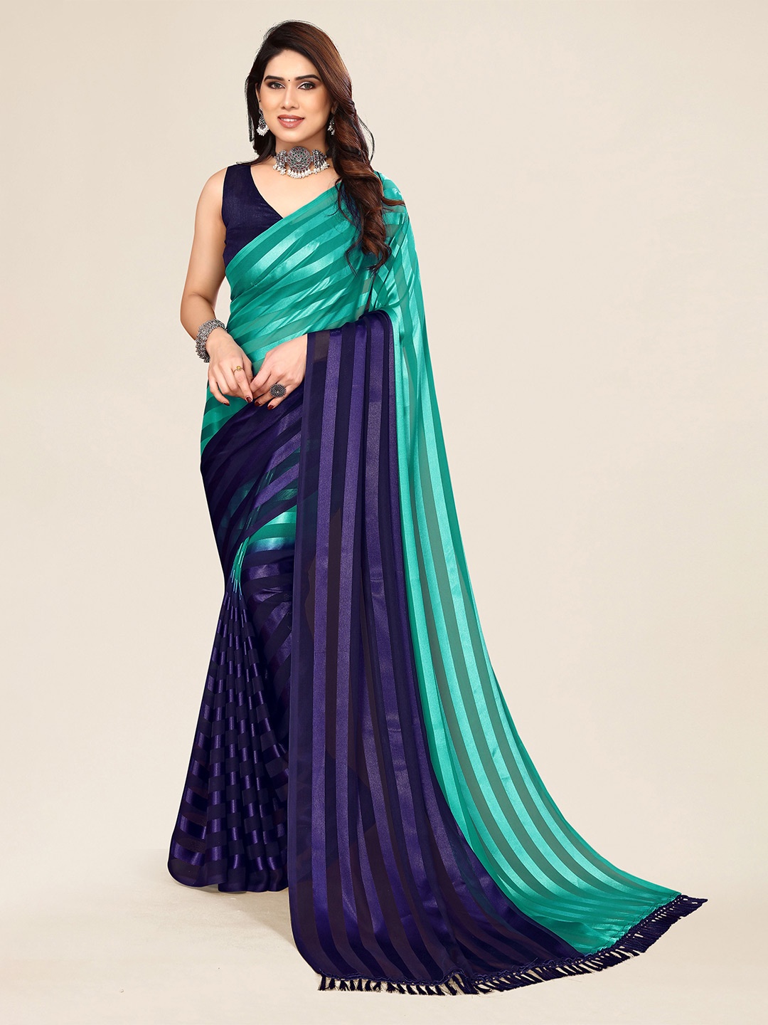 

KALINI Striped Satin Saree, Blue