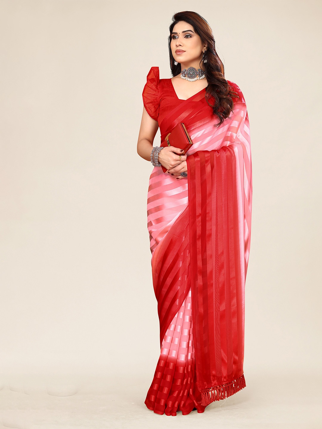 

ANAND SAREES Striped Satin Saree, Pink