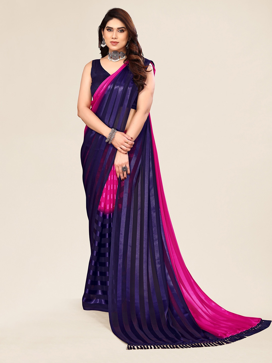 

KALINI Striped Satin Saree, Pink