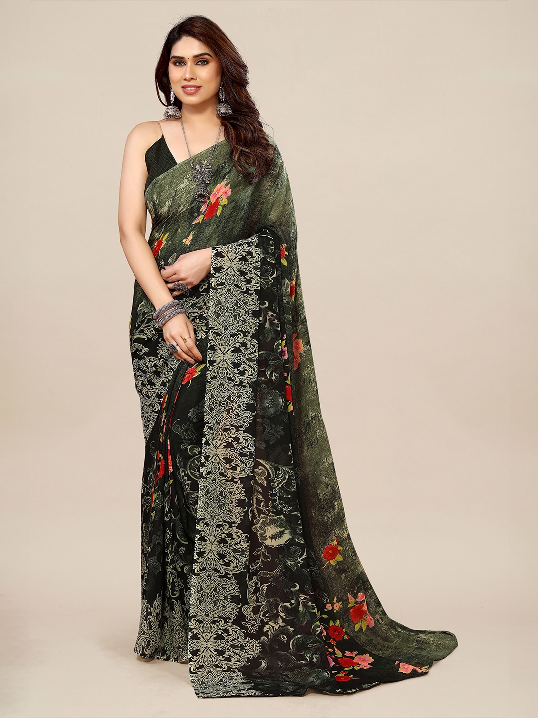 

Moda Rapido Floral Printed Pure Georgette Saree, Green