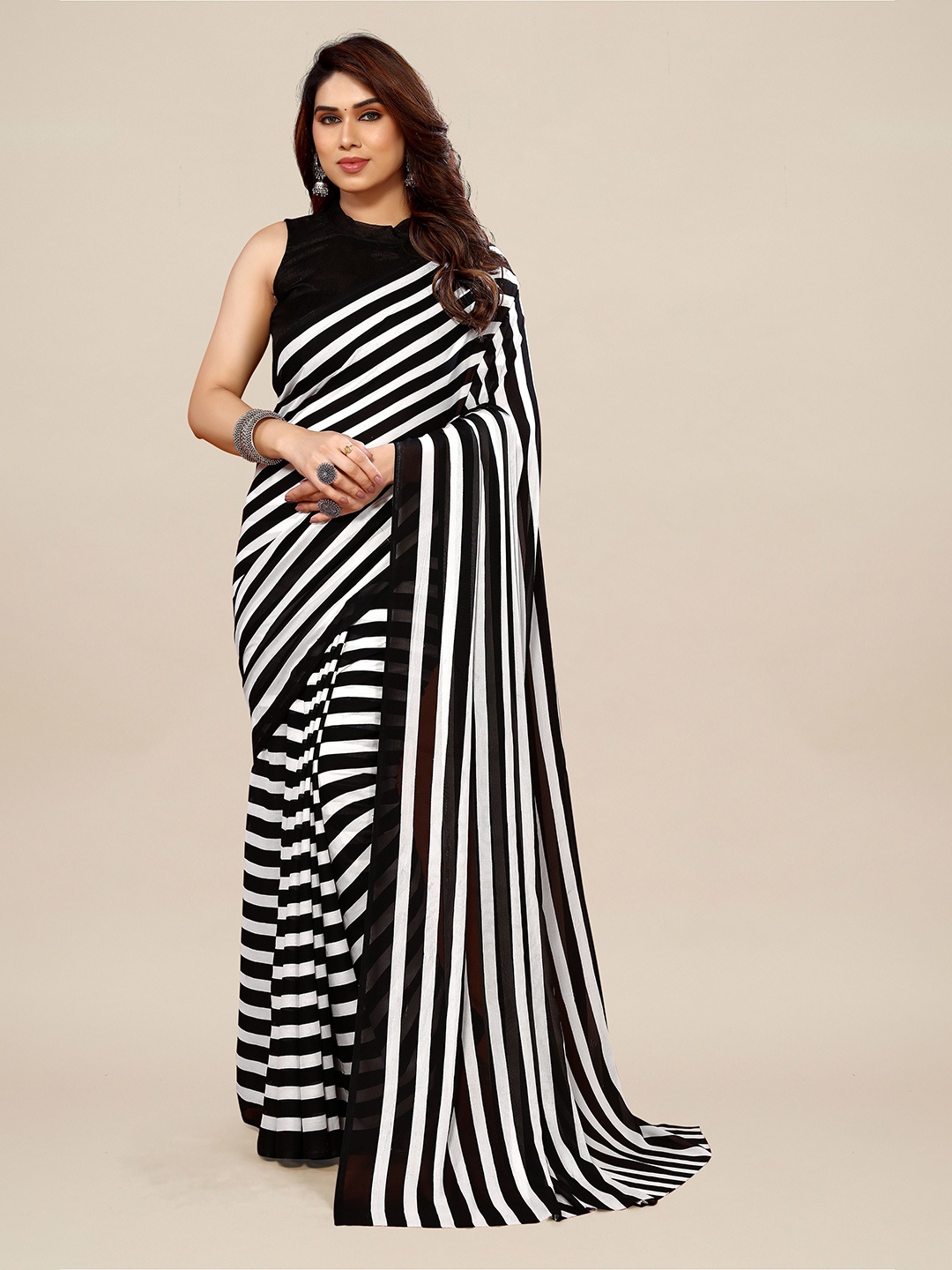 

Moda Rapido Striped Pure Georgette Saree With Blouse Piece, Black