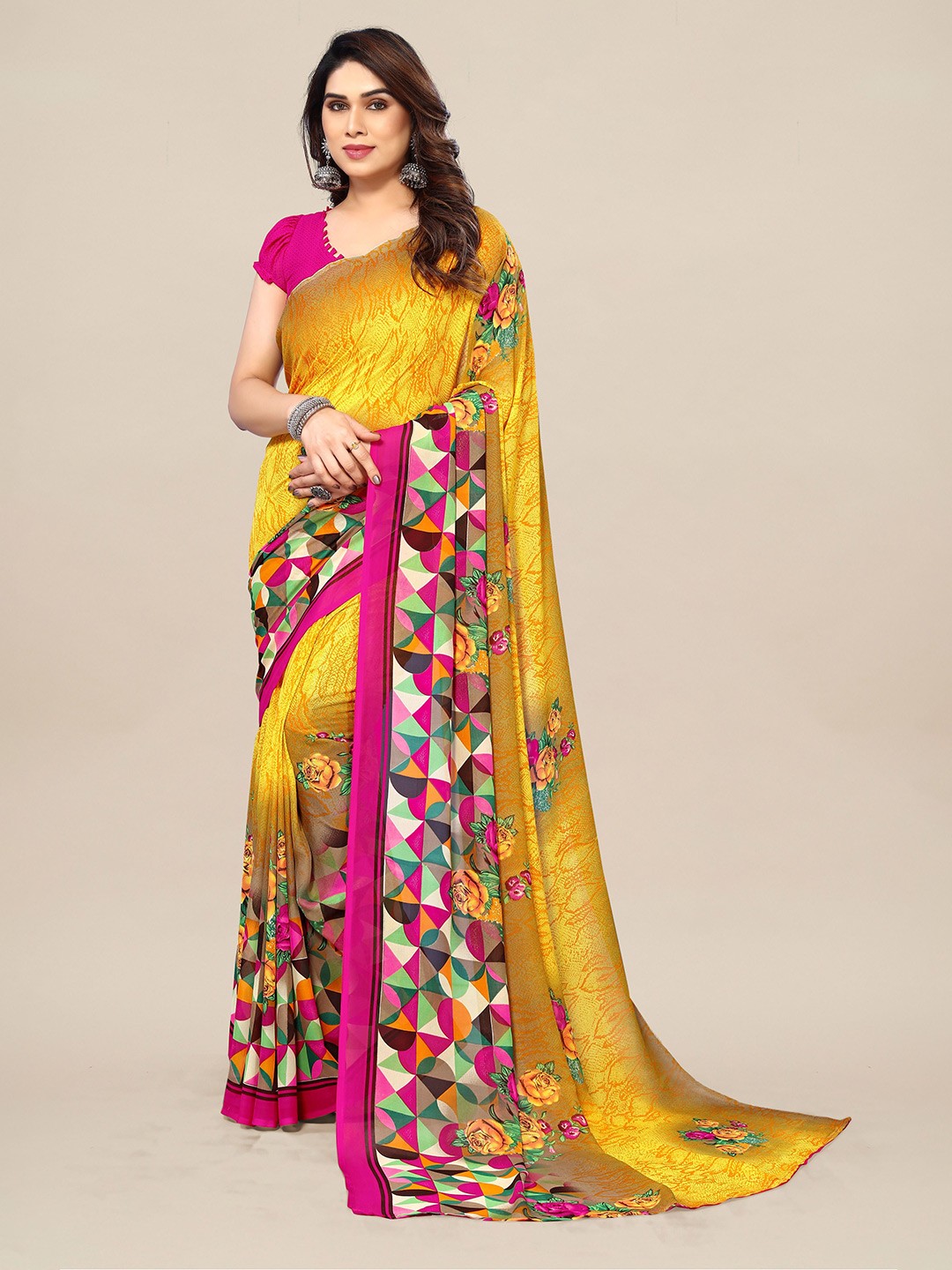 

Moda Rapido Floral Pure Georgette Saree With Blouse Piece, Yellow