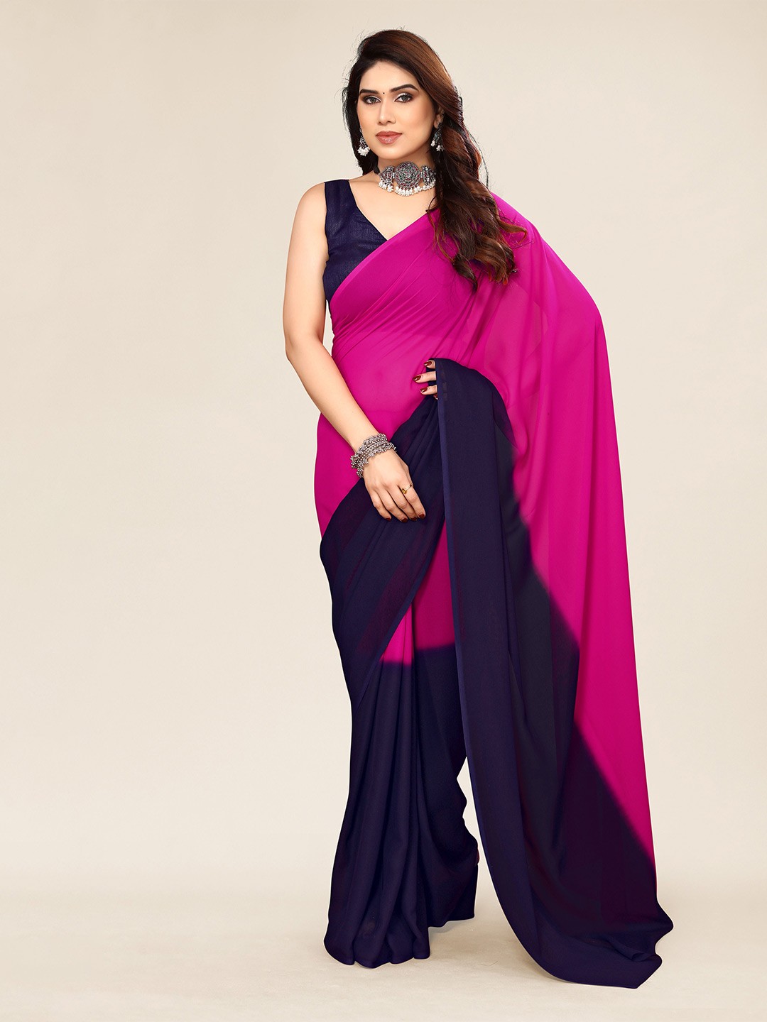 

KALINI Colorblocked Pure Georgette Saree With Blouse Piece, Pink